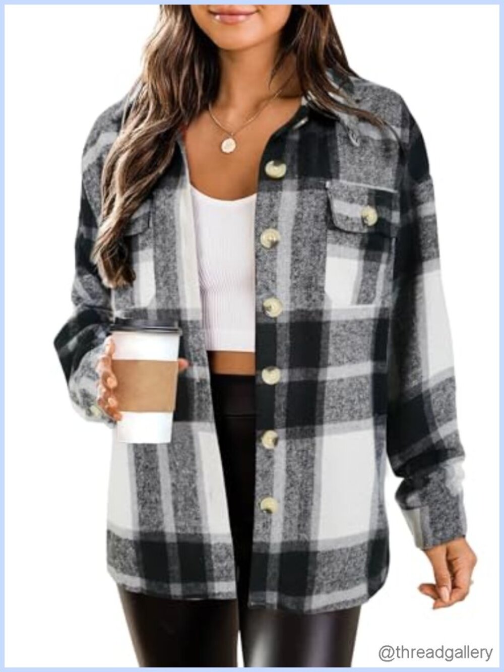 Plaid Flannel Shacket Button Down Chest Pockets Casual Winter Coat